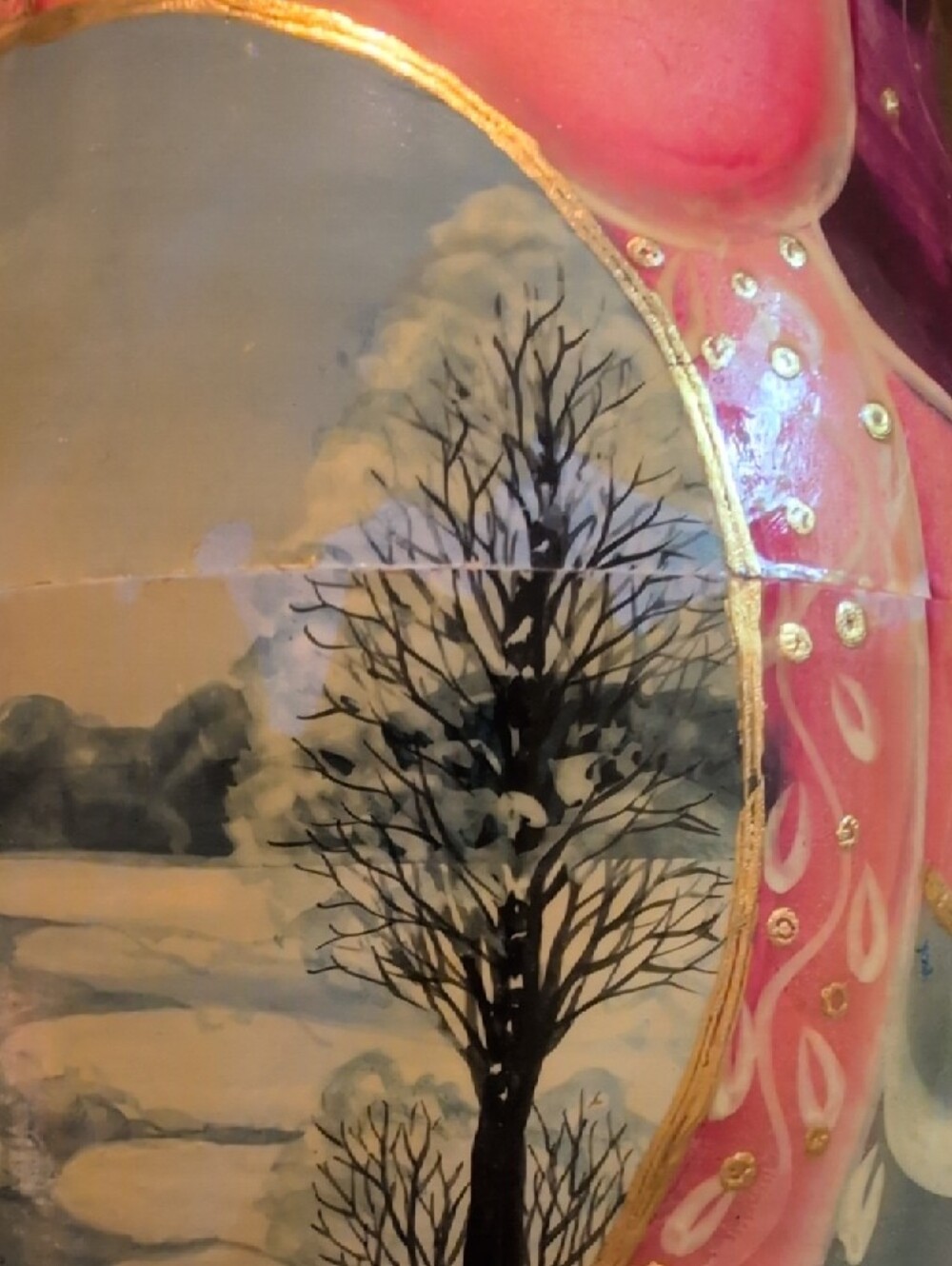 Hand-Painted Russian Nesting Doll - Pink & Purple Winter Scene - Picture 13 of 16